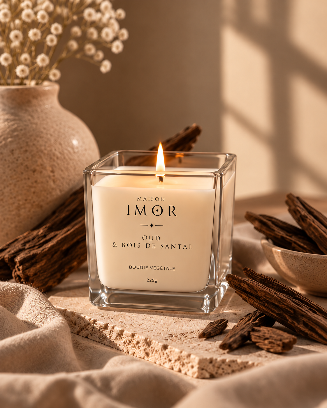 Bougie parfumée Oud & Bois de Santal Maison IMOR dans un décor chaleureux 