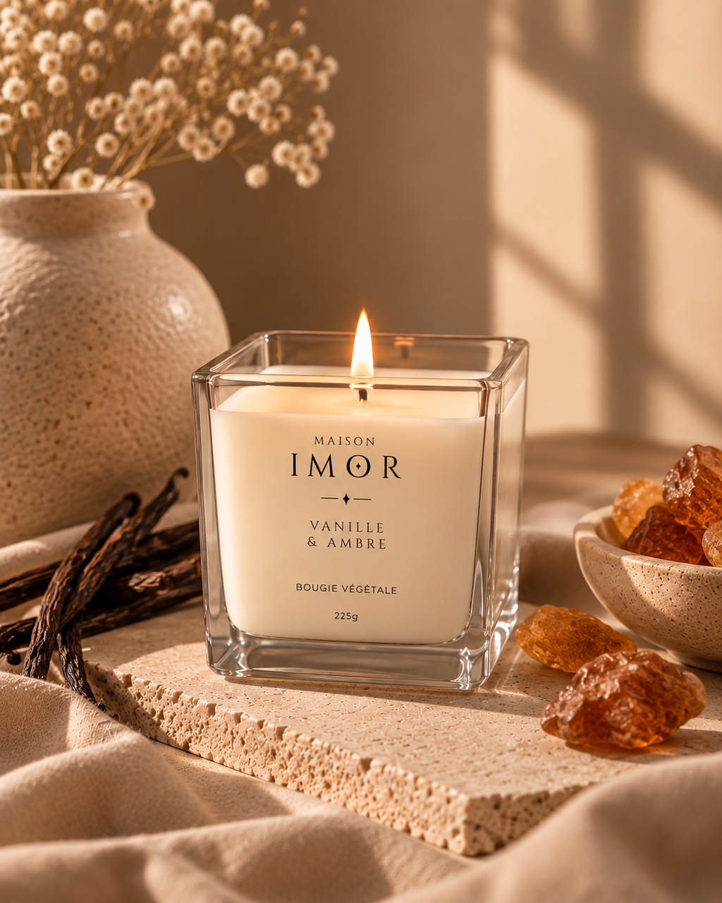 Bougie parfumée vanille & ambre Maison IMOR dans un intérieur chaleureux 