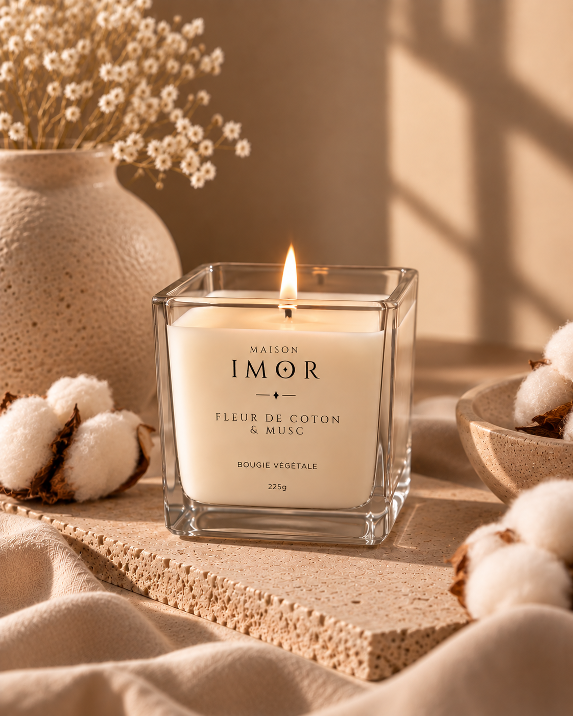 Bougie parfumées fleur de coton & musc maison IMOR aux notes douces et poudrées