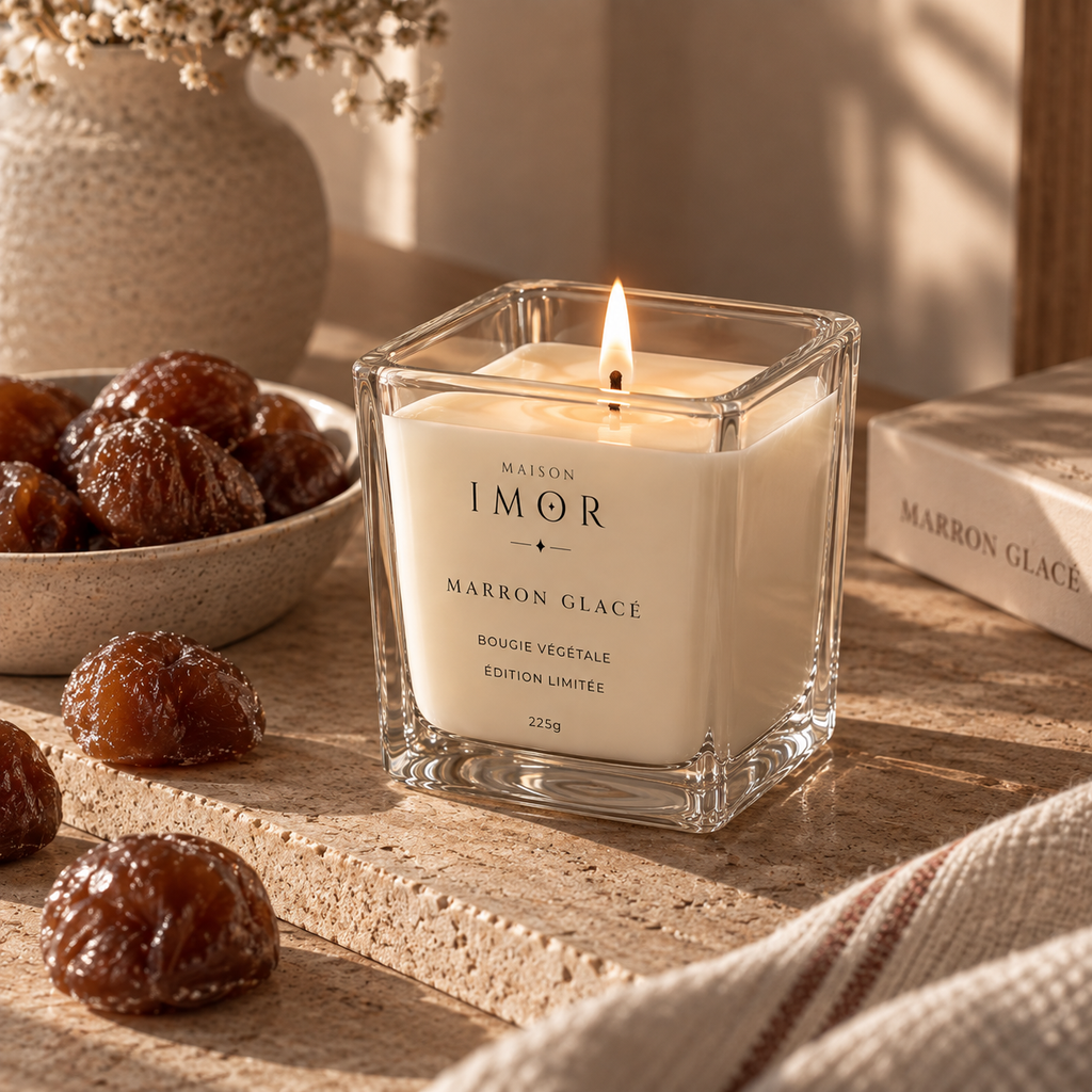 Bougie parfumée Marron Glacé Maison IMOR dans un décor chaleureux et gourmand