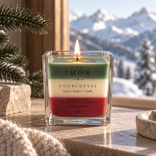Bougie Courchevel artisanale aux notes de sapin, ambre et vanille - Maison IMOR
