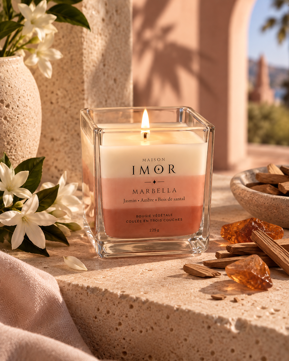 Bougie parfumée Marbella Maison IMOR aux notes de jasmin d'ambre et de bois de santal